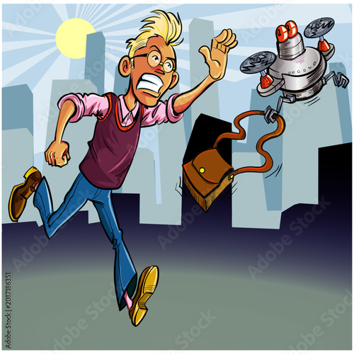 Young Man Chased By Robotic Drone Thief In City As Briefcase Is Snatched