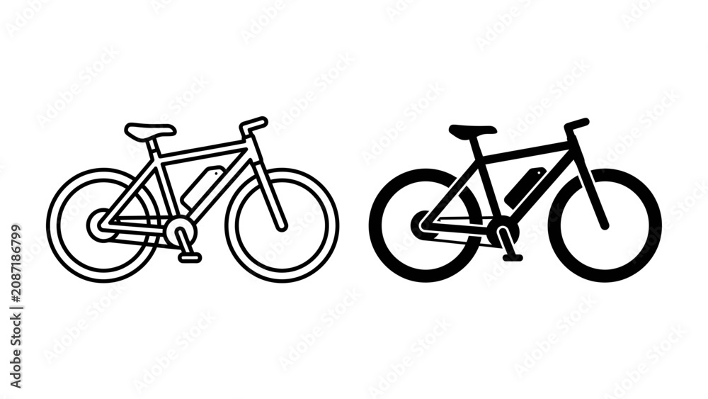 Fototapeta premium Electric Bicycle Icons: Two distinct icons representing an electric bicycle, one in outline and the other in solid black, symbolizing modern transportation and eco-friendly mobility.