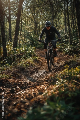 Mountain Biker Rides Along a Narrow Trail in a Dense Forest During the Day