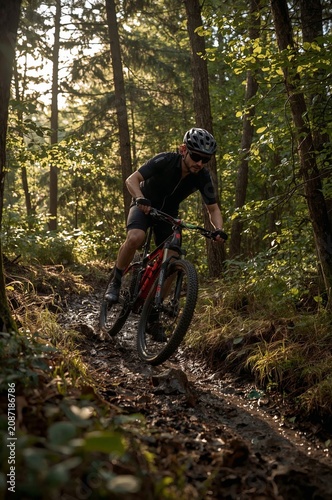Mountain Bikers Ride Through a Forest Trail in the Afternoon Sunlight Near a ...