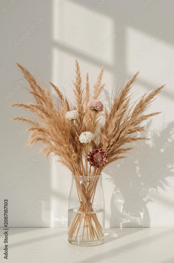 Fototapeta premium Dried Flowers in a Glass Vase Create a Simple Display on a Table With Sunlight Streaming In