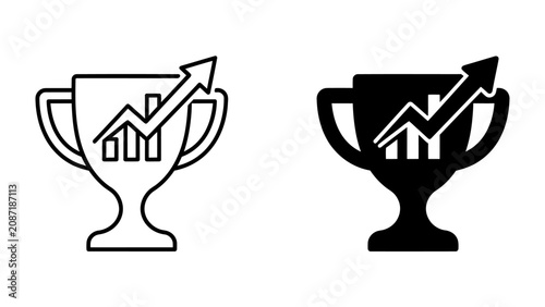 Trophy with Growth Chart Icon: A stylized graphic representing success and growth, featuring a trophy outline combined with a rising bar chart and arrow, symbolizing achievement and upward trend.