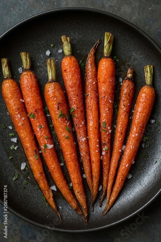 Roasted Carrots on a Black Plate With Salt and Herbs for a Simple Dish Presen...