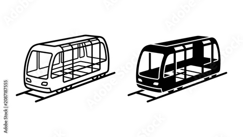 Fotografie Monorail Carriage Outline and Silhouette: Two stylized representations of a monorail passenger carriage, one presented as a line drawing and the other as a solid silhouette