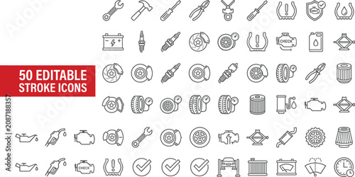 Fifty Car Maintenance and Auto Repair Line Icon Set Featuring Spark Plug Engine Battery Tire Brake Tools and Garage Service Symbols with Editable Stroke