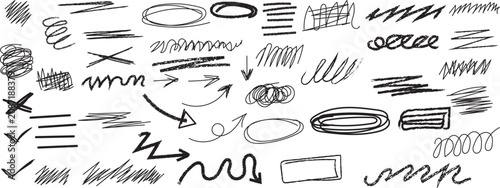 Black charcoal pencil strokes and hand drawn scribble collection on transparent background.