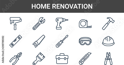Home Renovation and Construction Tool Line Icon Set Featuring Hammer, Drill, Saw, Screwdriver, Paint Roller, Safety Goggles, Helmet, and Toolbox Icons