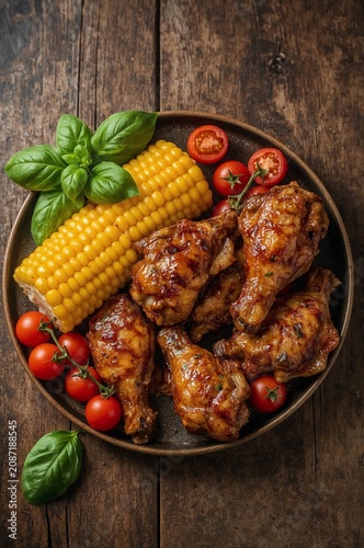 Grilled Chicken Wings With Corn and Cherry Tomatoes on a Plate in a Rustic Se...