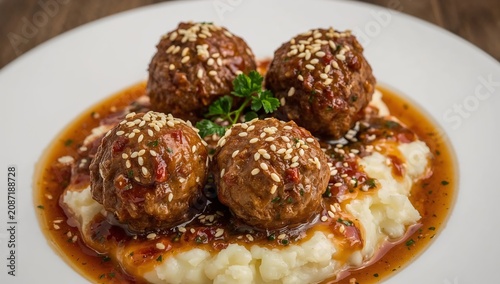 Meatballs Served on Mashed Potatoes in Sauce With Garnish on a White Plate