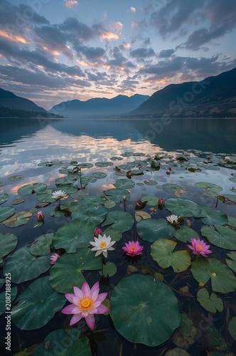 Scenic View of Lotus Flowers in a Lake at Sunset With Mountains in the Backgr...