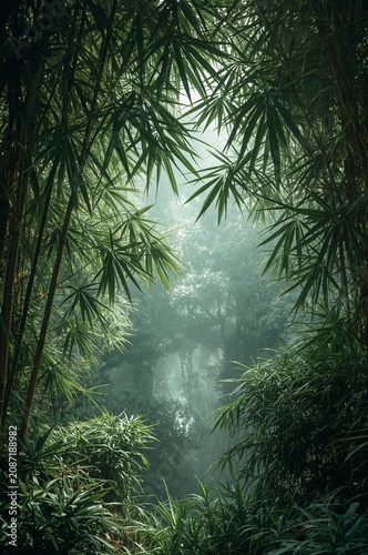 Bamboo Forest With Sunlight Filtering Through Leaves in a Misty Setting