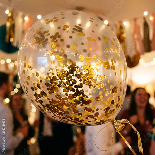 Glitter Confetti Falling on Celebration with Golden Balloon Close Up