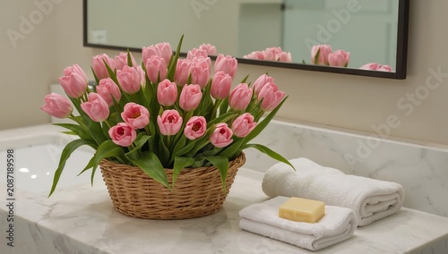 Bright Pink Tulips in a Basket Next to Towels and Soap on a Bathroom Counter