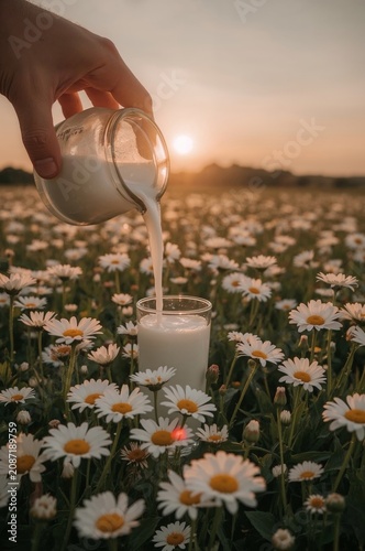 Pouring Milk Into a Glass While Standing in a Field of Flowers During Sunset