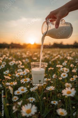 Pouring Milk Into a Glass in a Field of Flowers at Sunset