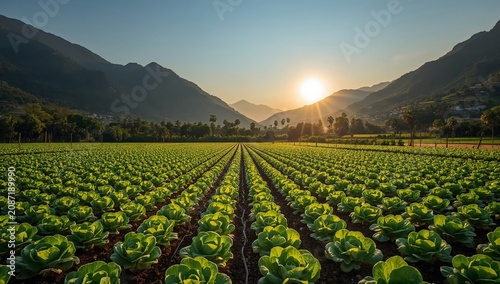 Sunrise Over Lettuce Fields in a Mountainous Region With Clear Skies