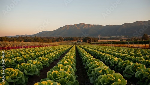 Rows of Lettuce Grow in the Field With Mountains in the Background During Sunset