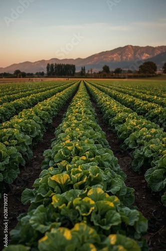 Lettuce Rows Grow in a Field During Sunset With Mountains in the Background