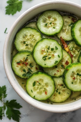 Cucumber Slices in a Bowl With Herbs and Spices on a White Surface