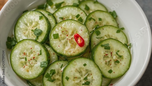 Cucumber Slices in a Bowl With Herbs and Spices on a White Surface
