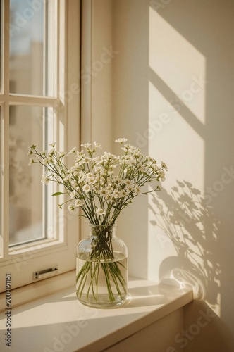 Bouquet of White Flowers in a Glass Vase on a Windowsill in Warm Sunlight