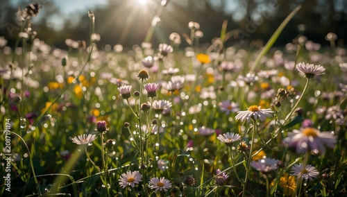 Flowers Bloom in a Field During Late Afternoon Light With a Sun Shining Above