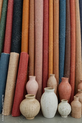 Colorful Textiles and Ceramic Pots Arranged Neatly in a Display at a Market o...