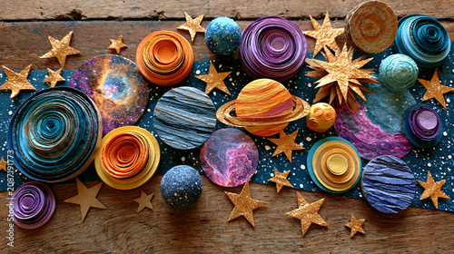 Photos Whimsical handmade cardboard galaxy with layered planets, stars and nebulae craf