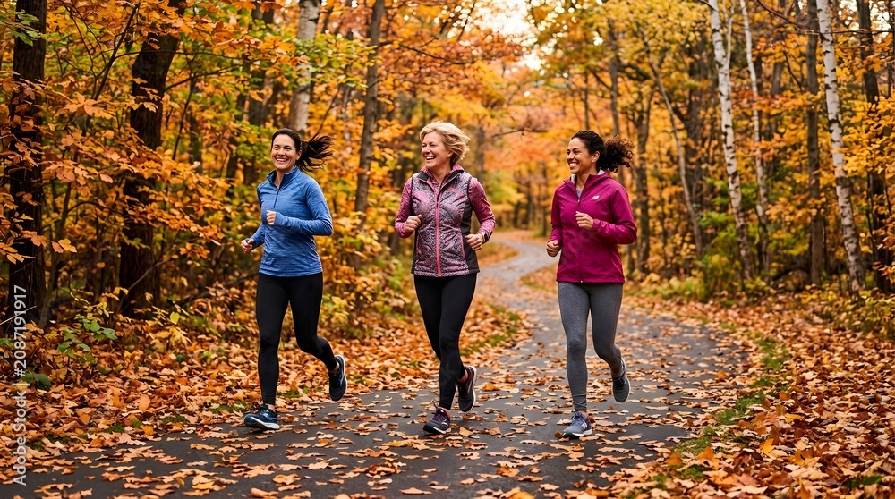 Fototapeta premium Three athletic women jogging on a path surrounded by vibrant autumn foliage in a forest setting