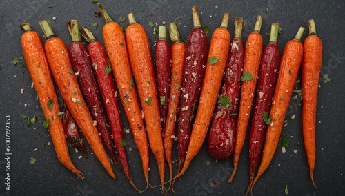 Fresh Carrots and Beets Arranged on Gray Surface Ready for Cooking and Prepar...