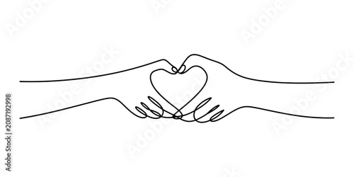 Foto Continuous single line drawing of two hands making a heart shape sign representi