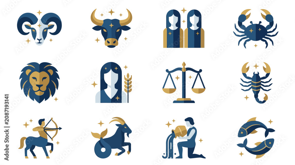 Fototapeta premium Sleek Modern Zodiac Icons Set with Blue Gold Color Scheme Featuring 12 Detailed Astrological Symbols and Figures