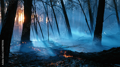 Photos Blue ash and smoke drift over a burned forest at dawn in a cinematic haze of qui