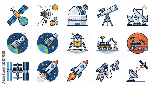 Billede på lærred Creative Colorful Space Exploration Icons Set Featuring Satellites Telescopes Ro