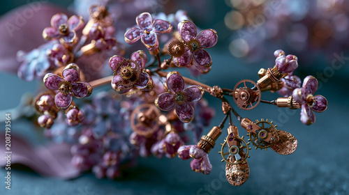 Lilac steampunk still life with blooming lilac metal branches and tiny gears, elegant botanical flower detail in mechanical spring mood