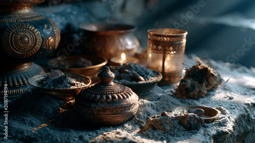 Schilderij op canvas Ritual dust covers ancient ceremonial objects in a dim sacred chamber with myste