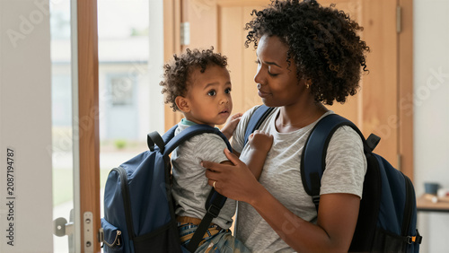 An African American mother comforts her young child with a loving embrace before school. This emotional moment highlights family bonding and early childhood education