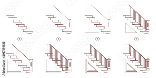 Staircase, stairway, steps, designs, various, types, vector, illustrations, 8 elements