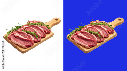 Fotografía Slices of raw red beef meat arranged on a wooden cutting board with fresh green