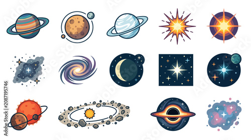 Fotografia Professional Space Themed Icons Set with Planets Stars Galaxies and Cosmic Pheno