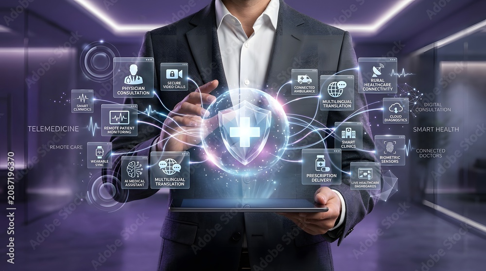 Obraz premium Telemedicine Concept With Digital Interfaces And Network Connections