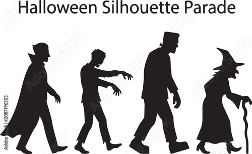 Halloween monster parade silhouette vampire zombie frankenstein witch walking together