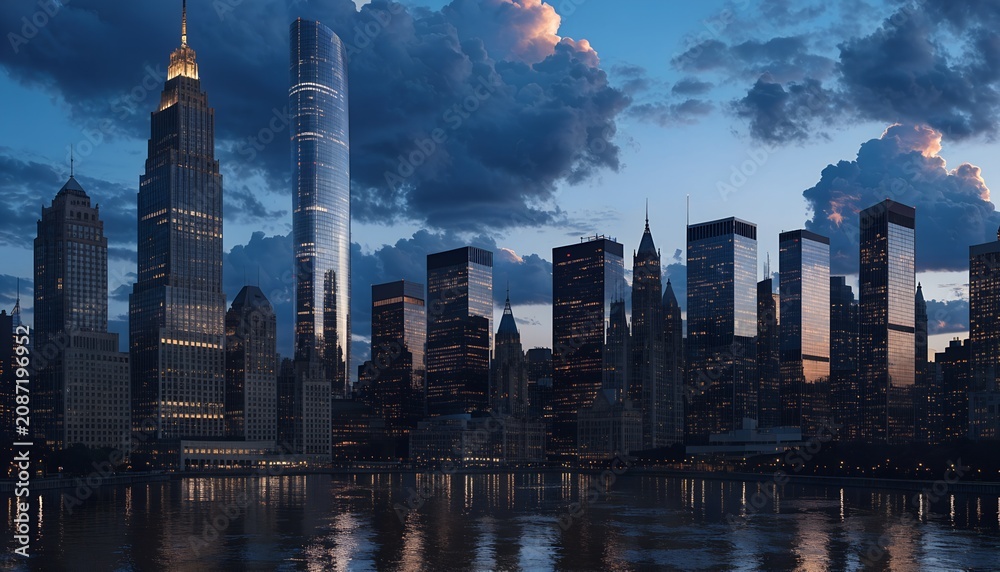 Fototapeta premium Iconic Metropolitan Skyline with Skyscrapers and River Reflections at Blue Hour