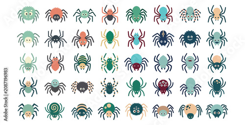 Huge variety of friendly spider icons featuring different styles and colors for halloween graphic.