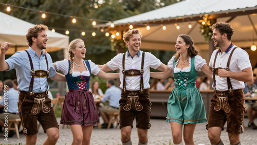 A happy friend group celebrates at Oktoberfest wearing traditional lederhosen and dirndl. This young person dances and laughs at a Bavarian folk festival outdoors