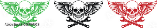 Fotografía Three skull emblems with wings and crossed wrenches in green black and red Keywo
