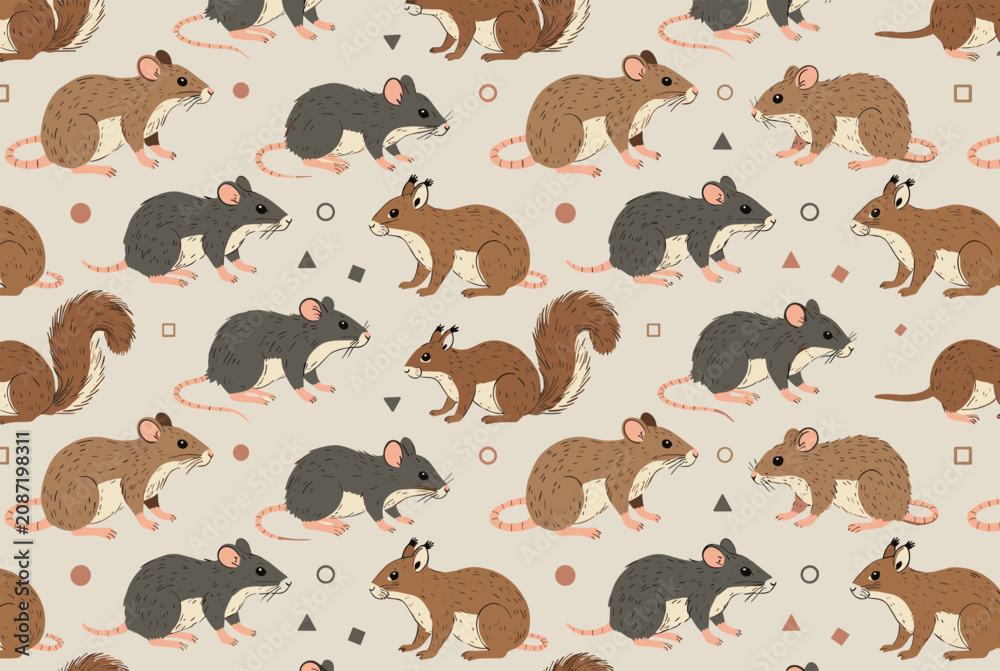 Obraz premium Seamless repeating pattern of various rodents including squirrels, brown mice, and grey rats on a beige background.