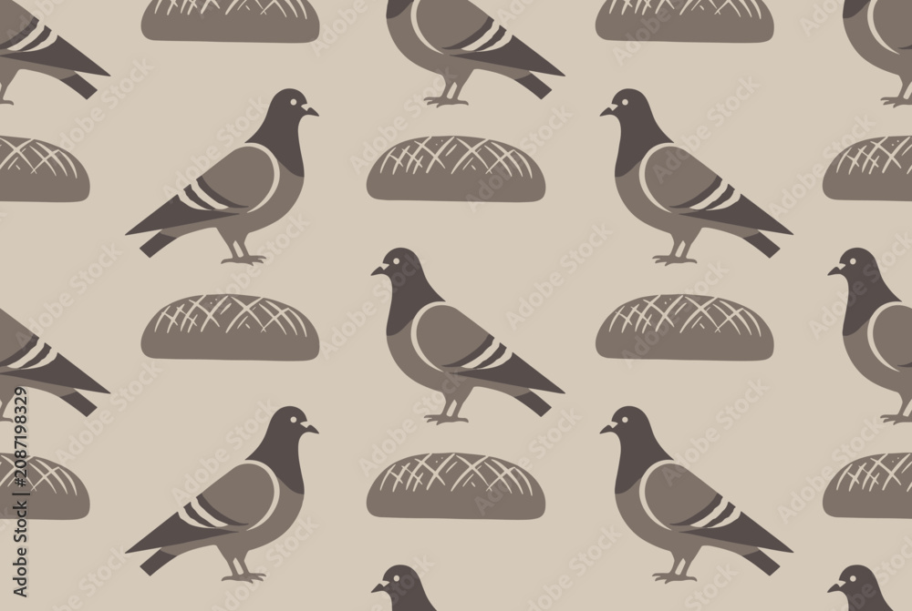 Obraz premium Seamless grey and beige wallpaper pattern of city pigeons standing next to whole loaves of bread in a repeating vintage design.