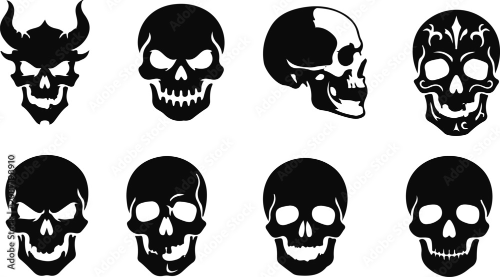 Fototapeta premium Collection of 8 unique black silhouette skull designs