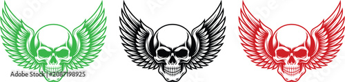 Фотография Winged Skull Emblems in Green Black and Red on White Background wings angel
